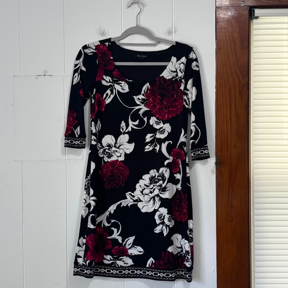 White House‎ Black Market Floral Sheath Dress Black Red 3/4 Sleeve XS